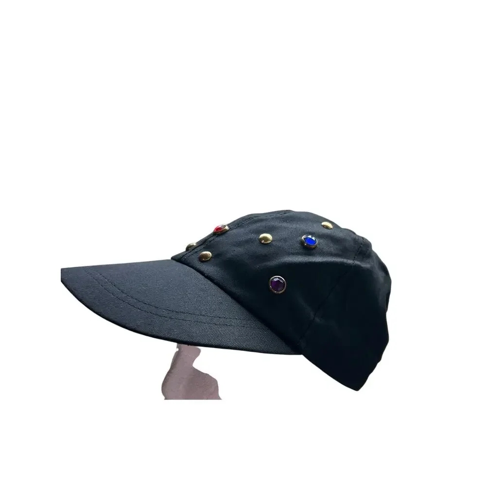 Vtg Black Studded Gemstone Unisex Hat 90s Streetwear cap- Black Gold Accents- OS - Picture 11 of 11
